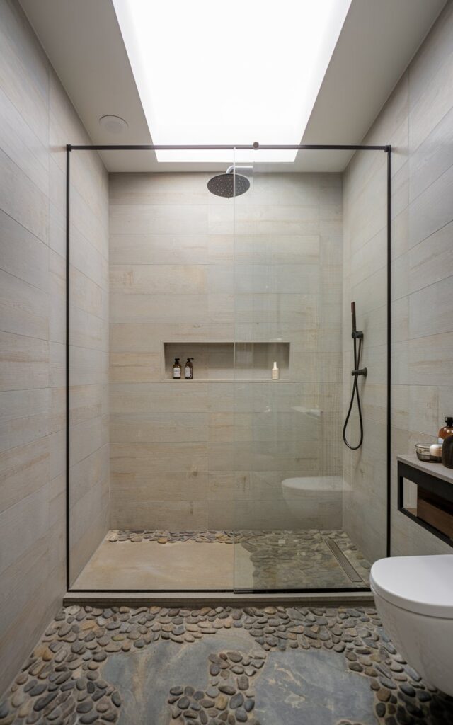 A full view photo of a modern Japandi minimalistic bathroom shower with a serene, spa-like atmosphere. The shower has a sleek, frameless glass enclosure, a black rainfall showerhead, and built-in niche shelving with essentials. The floor is covered with pebble tiles in soft earth tones—greys, taupes, and muted beiges. The walls are made of large-format light wood tiles. There is a skylight ceiling that brings in soft, natural light. The bathroom also contains a vanity, toilet, and other bathroom fixtures.