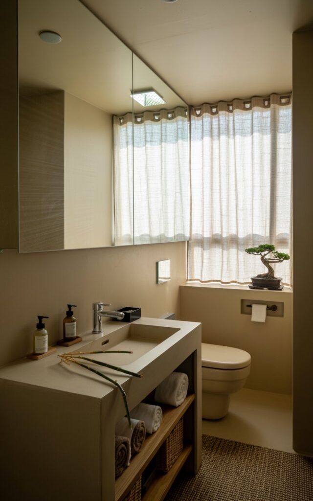 A photograph of a modern Japandi small bathroom centered on a sleek mirrored cabinet mounted above a minimalist stone sink. The cabinet's reflective front seamlessly blends with the light beige walls, concealing shelves neatly organized with rolled towels and glass jars of skincare products, while a single sprig of bamboo rests on the vanity below. Soft, diffused sunlight streams through a linen curtained window, gently illuminating the clean lines of the bathroom, highlighting the subtle texture of the woven floor rug and the integrated rainfall showerhead. A single, small bonsai tree sits on a shelf beside the toilet, subtly accenting the room's tranquil and uncluttered aesthetic.