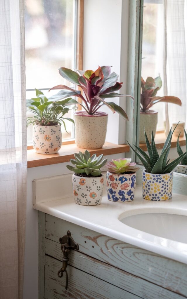 A photo of a modern cottagecore bathroom filled with charm and freshness. There are 3 to 4 small houseplants like pilea, mini succulents, and a petite calathea placed in colorful, patterned ceramic pots on a sun-drenched windowsill and along a wooden vanity. Each pot features mismatched but harmonious cottage-style designs—florals, dots, and hand-painted motifs in soft pastels and earthy tones. The vanity has a vintage touch with brass fixtures, while the rest of the space features light wood accents, sheer curtains, and a cozy, nature-inspired palette that blends modern simplicity with whimsical countryside warmth.