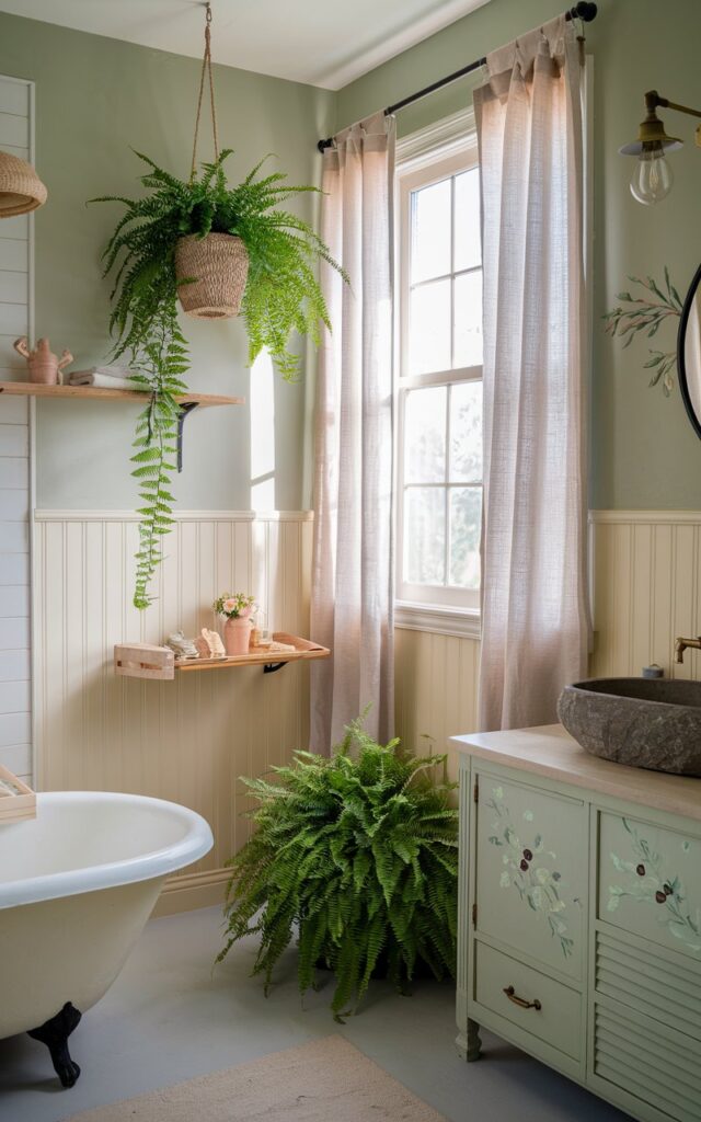 A photo of a modern cottagecore bathroom with soft, natural light streaming through a window draped in sheer linen curtains. There's a hanging fern in a woven basket near the shower, a pothos trailing from a floating wooden shelf, and a potted fern beside the freestanding tub. The walls are a soft sage or warm cream, with beadboard paneling halfway up. The vintage-inspired vanity has a stone sink and brass taps. Subtle floral accents, a cotton rug, and antique-style lighting add charm to the fresh, greenery-filled space.