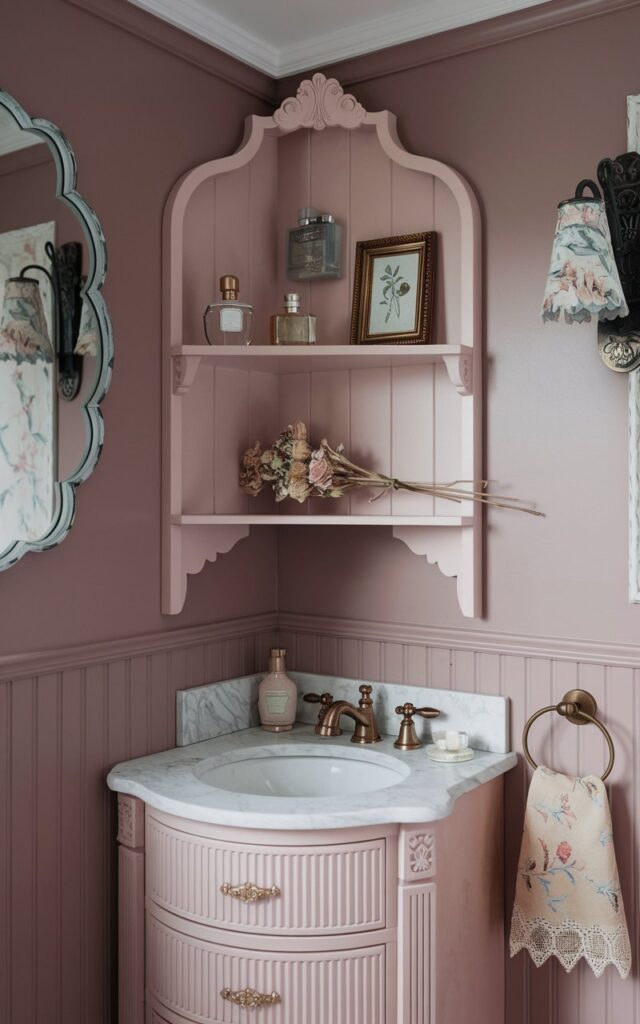 A photo of a modern cottagecore + chic bathroom corner. There's a delicate, painted wood corner shelf unit above a vintage-style vanity. The shelf is pastel-toned and holds glass perfume bottles, a dried floral bundle, and a tiny framed botanical print. The vanity has a marble top, an antique-style gold faucet, and fluted drawer fronts. The walls are dusty rose with subtle beadboard detailing. The room also contains a scalloped mirror, a floral-patterned sconce, and a lace-trimmed hand towel.