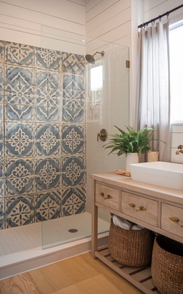 A photo of a modern cottagecore ensuite bathroom with a bold Moroccan print tile shower wall. The patterned tiles have deep blues, terracotta, and creamy whites and feature intricate geometric and floral motifs. The rest of the bathroom is soft and neutral, with whitewashed shiplap walls and warm, light oak flooring. A frameless glass shower enclosure highlights the tile wall without distraction. The vanity is a simple wooden piece with a white ceramic sink and brass hardware. Natural woven baskets and a few potted ferns add cozy, earthy touches. Soft linen curtains filter natural light from a nearby window.