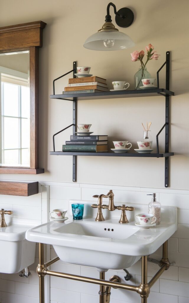 A photo of a modern craftsman meets cottagecore bathroom with a matte black floating shelf. The shelf is held up by a sleek, squared-off, and true-to-craftsman simplicity metal bracket. The shelf is styled with soft cottagecore accents, including stacked vintage books, hand-poured candles, and tiny floral teacups holding bobby pins or bath salts. The bathroom features a classic wood-framed mirror, a console sink with exposed plumbing, and brass or oil-rubbed bronze fixtures. The overall look is sturdy and storybook-charming, with warm natural light and subtle floral touches.