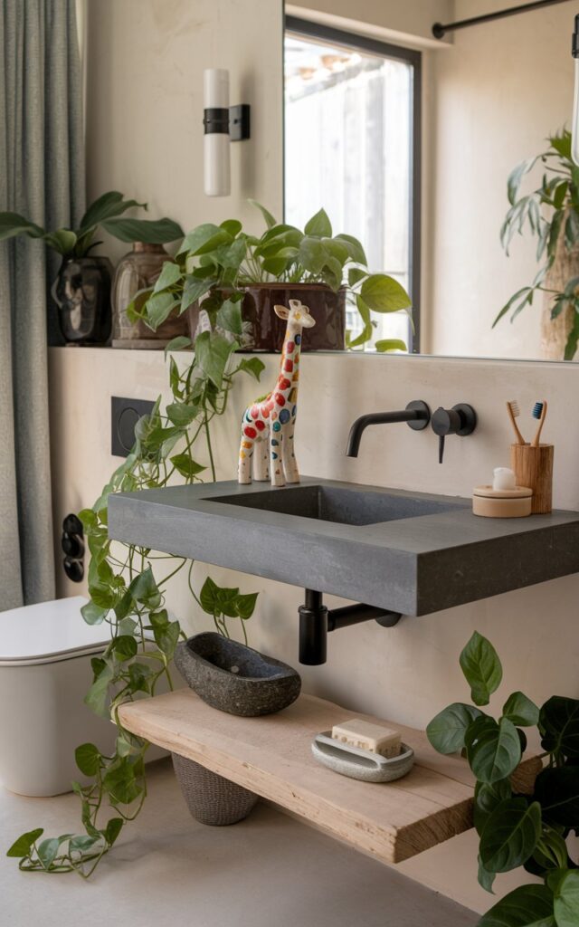 A photo of a rustic bathroom vanity with a sleek stone countertop, matte black fixtures, and a minimalist floating wood base. On the counter, a small, colorful giraffe figurine made of hand-painted ceramic adds a playful and unexpected accent. Its vibrant tones pop against the otherwise earthy palette of greens, browns, and soft neutrals. Surrounding it are lush potted plants—like a trailing pothos alongside natural elements such as a stone soap dish and a bamboo toothbrush holder. The scene feels fresh, joyful, and grounded, blending modern minimalism with organic textures and a fun, nature-inspired twist. The space also has a toilet, curtained window, wall scones, etc.