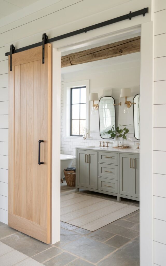 A photo of a modern farmhouse ensuite bathroom with a pocket-door entry. The pocket door is made of natural wood with a matte black handle, sliding neatly into a shiplap-paneled wall. Inside the bathroom, there is a clean white palette with black-framed windows, subway-tiled walls, and a freestanding tub beneath a rustic wood beam. The vanity is a shaker-style piece in soft sage green with brass hardware and dual sconces above each mirror. Neutral stone-look flooring keeps the space grounded, while woven baskets and greenery bring in warmth and farmhouse coziness.