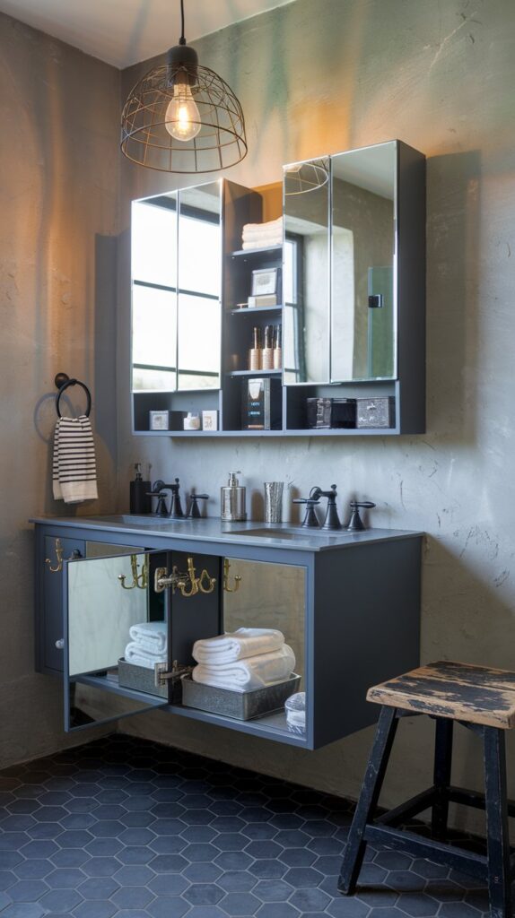 A photo of a modern industrial bathroom with a floating vanity. The vanity has mirrored cabinets on top, which contain towels, toiletries, apothecary-style jars, and metal tins. A few everyday makeup essentials are hooked onto brass hooks on the cabinet door. The wall is a textured gray plaster, and the floor is made of charcoal hexagon tiles. There is a black cage pendant light overhead, casting a warm glow. There is also a vintage stool with distressed wood.