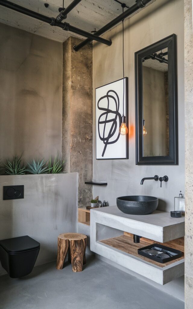 A photo of a modern industrial bathroom with a smooth stone gray wall, raw concrete textures, a black-framed mirror, and exposed pipe fixtures. There is a minimalist black-and-white abstract art piece hanging above a floating vanity with a matte black basin. The room contains a rustic stool and open shelving with wood accents. There is a touch of greenery in a concrete planter. The lighting comes from exposed filament bulbs.