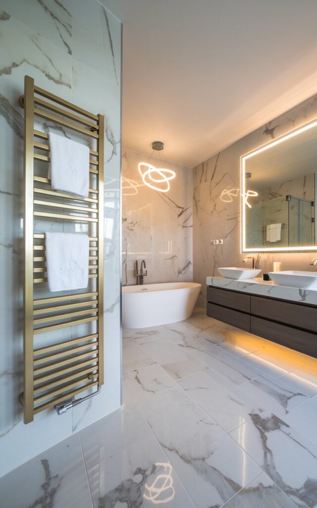 A photo of a modern luxe ensuite bathroom with a sleek, wall-mounted heated towel rail beside the shower and tub zone. The rail has a brushed gold finish and features designer towels. The walls and floors are covered in large-format marble tiles with a white and gray veining pattern. A floating vanity with under-glow lighting, dual vessel sinks, and a wide backlit mirror is located on one side of the room. A freestanding tub is placed under a sculptural light fixture across from the vanity. The heated towel rail is perfectly positioned near the tub for cozy, spa-like comfort after a soak.