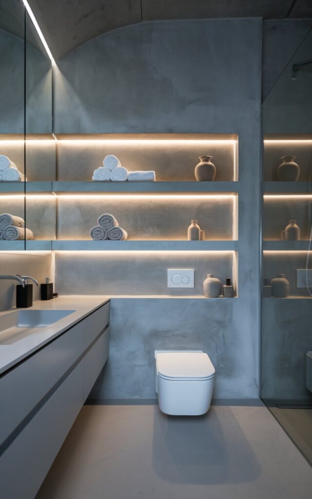 A photo of a modern minimalistic bathroom with a matte concrete wall that has recessed shelving. The shelves are illuminated by soft, hidden LED strips, casting a gentle glow on neatly arranged essentials like rolled towels, neutral-toned bottles, and a single ceramic vase. The overall palette is cool and monochrome, with sleek lines, seamless surfaces, and no visual clutter. The LED-lit shelves blend effortlessly into the wall, adding both function and ambient warmth to the clean, contemporary space. The bathroom also features a vanity, a toilet, and a shower.