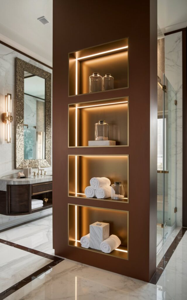 A photo of a modern regal bathroom with a rich-toned wall and sleek recessed shelves. The shelves have gold or brass inlay and contain minimalist glass jars, rolled plush towels, and marble containers. The surrounding space includes a vanity, a statement mirror with an elegant metallic frame, marble floors, and high-end finishes. The lighting within each niche casts a soft glow, creating a luxurious and tailored atmosphere.