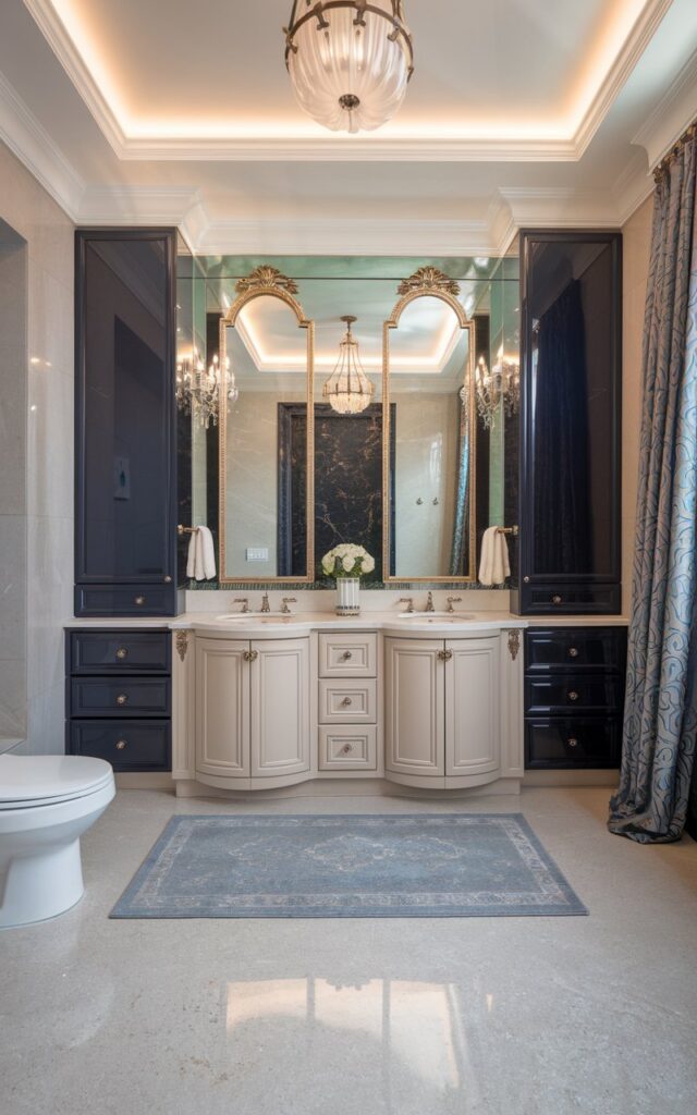 A photo of a modern regal ensuite bathroom with a vanity flanked by tall side towers for vertical storage. The double vanity sits centered beneath an ornate gold-trimmed mirror, while two floor-to-ceiling cabinets on either side provide ample hidden and open shelving. The towers are finished in rich lacquered navy, emerald, or soft greige with elegant brass or crystal knobs. Subtle crown molding, ambient lighting, and under-cabinet LED strips give the space a softly glowing, palace-like atmosphere. The floor is polished stone, and high ceilings with a statement pendant tie it all together—a space fit for royalty but designed for modern living. The space also has a toilet, floor rug, a curtained window, etc.