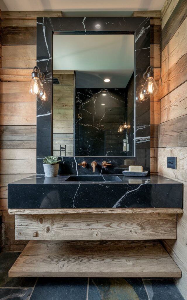 A photo of a modern rustic bathroom with an oversized vanity mirror. The mirror is trimmed in glossy black marble with bold white veining, creating a dramatic focal point above a reclaimed wood vanity. The rich texture of the marble contrasts with the raw, weathered wood tones and matte black fixtures. The mirror is rectangular and oversized, framed by the polished stone that reflects ambient light from nearby Edison bulb sconces. The walls are covered in natural wood paneling, and the floor features wide slate tiles. A small potted succulent and stone soap dish sit on the counter, balancing rugged charm with modern sophistication.