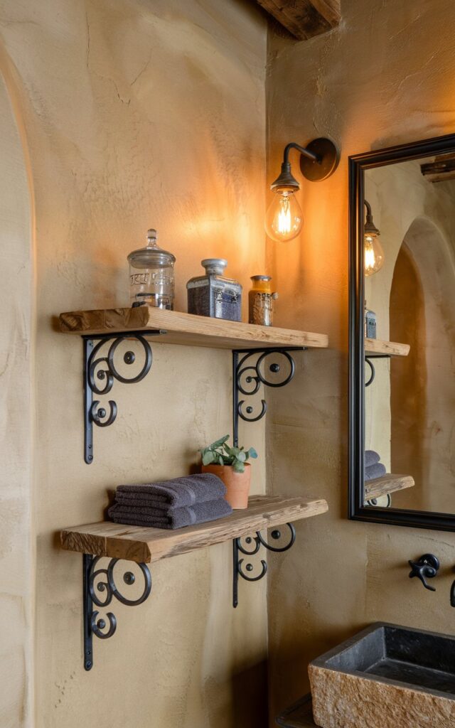 A photo of a modern rustic bathroom with a reclaimed wood shelf mounted with ornate black metal brackets. The shelf is placed against a textured, matte plaster wall in a warm neutral tone. The display on the shelf includes vintage apothecary jars, folded charcoal towels, and a small terracotta planter. The bathroom also features a black-framed mirror, iron light fixtures with warm light on, and a natural stone sink. The overall space has a warm, lived-in yet elevated feel.