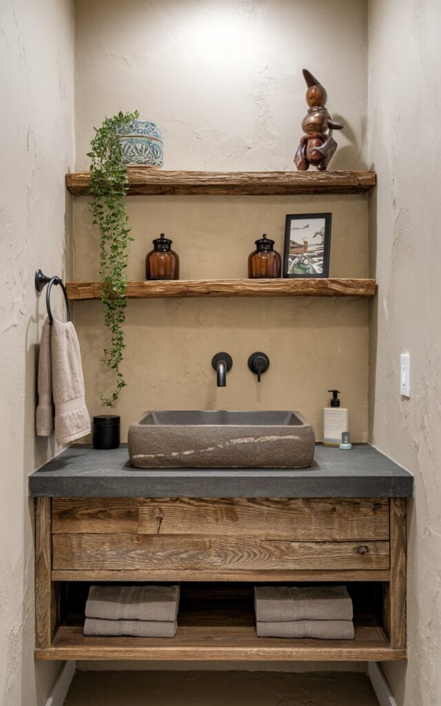 A photo of a modern rustic + chic bathroom with a straight-on full view of a floating wood vanity with a stone countertop and rectangular sink. Above the vanity, a small wall-mounted shelf in reclaimed wood is neatly installed against a beige textured wall. The shelf holds a few stylish items: a tiny trailing plant in a patterned ceramic pot, a couple of cute amber glass jars, and a small travel souvenir (like a carved wooden figurine or a postcard in a clip frame). Matte black fixtures, a frameless mirror, and soft linen towels complete the scene.