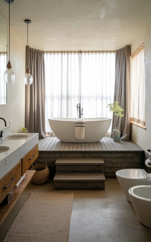 A photo of a Japandi + rustic ensuite bathroom with a step-up tub platform. The bathroom has a freestanding tub on a low, wood-clad platform, grounded yet subtly lifted. The materials mix minimalist Japandi sensibility with rustic warmth. There is a floor-to-ceiling picture window with curtains that filters natural light. The elevated tub invites slow bathing, with peaceful symmetry and tactile beauty all around. The lower platform has a double vanity, pendant lights, a toilet, and a floor rug. Natural light is soft, ambient.