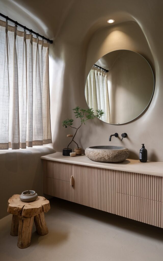 A photo of a Japandi-style bathroom painted in cool mushroom tones, blending Scandinavian simplicity with Japanese warmth. The smooth, matte mushroom-colored walls provide a soft, earthy backdrop for pale wood cabinetry and sleek black hardware. A stone basin sink rests on a floating vanity, with an oversized round mirror reflecting soft natural light. Linen curtains, a handmade ceramic stool, and a single bonsai plant add texture and organic detail. The space feels meditative and grounded—perfectly understated, timeless, and effortlessly tranquil. The room has a recessed ceiling with LED light and no natural light.
