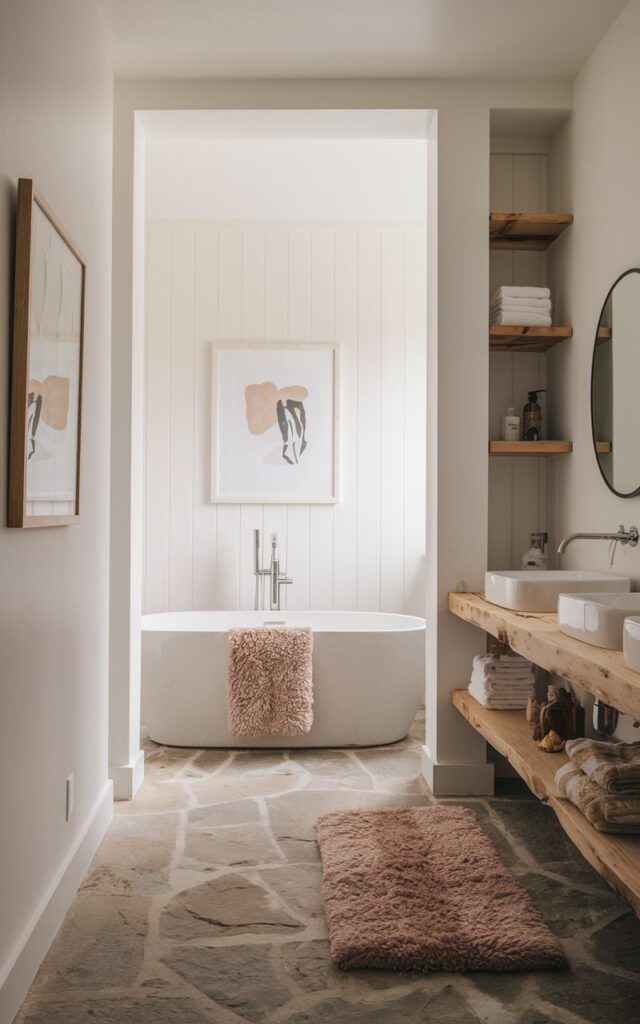 A photo of a Scandinavian-style bathroom with clean lines and natural wood accents. There is a minimalist freestanding tub with a plush, high-pile cotton bath rug in a calming neutral tone placed in front of it. The floor is made of stone tiles. White walls and framed art are present, as well as a wooden floating shelf with open shelves. A cozy texture is added with the bath rug, towel, and wooden floating shelf. The space is filled with soft, diffused daylight, highlighting the white walls and framed art, while the wooden floating shelf and cozy textures evoke warmth and hygge vibes.