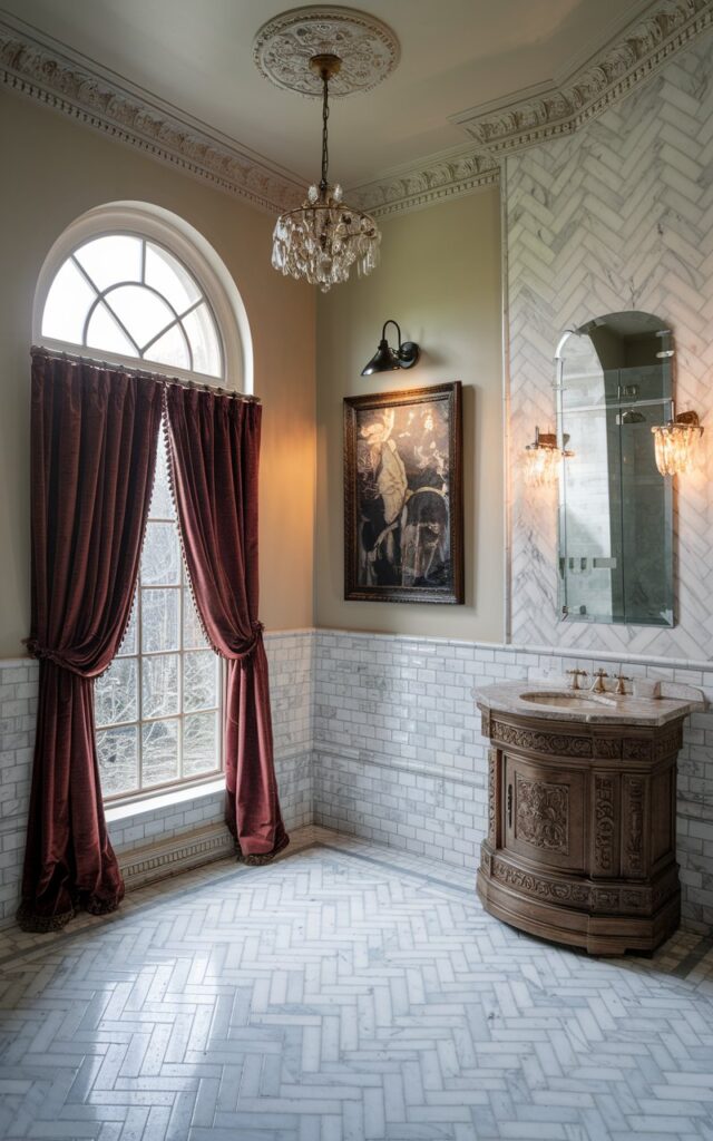 A photo of a Victorian-inspired bathroom with a herringbone marble tile floor and accent wall. The room has a tall, arched window with velvet curtains and a vintage chandelier. There's a carved wood vanity with a marble top near the tub. A Victorian-era art piece is framed on the wall and has a spotlight. The room has ornate crown molding and a decorative ceiling medallion.