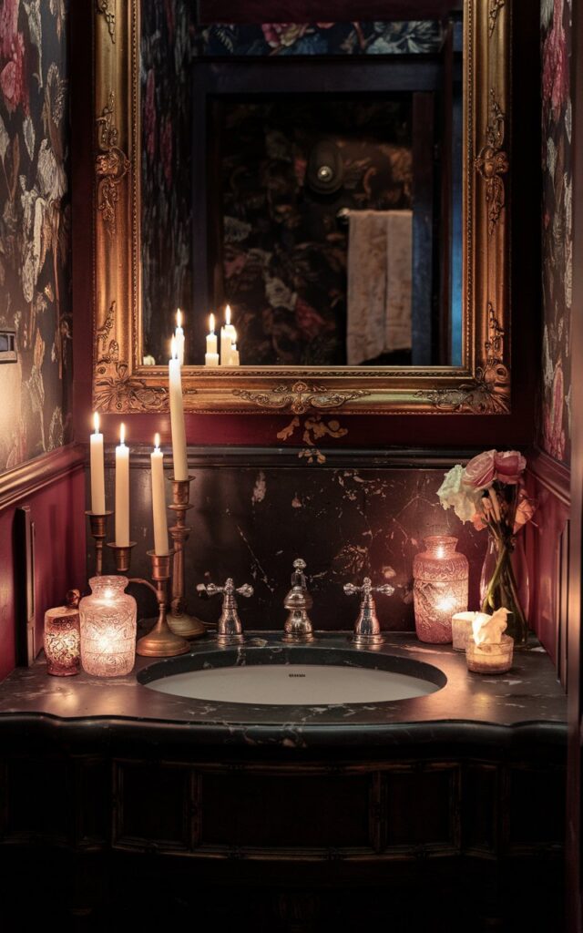 A photo of a Victorian-style full bathroom with a dark marble vanity and an ornate gold-framed mirror. There are 3-4 candles in varying heights on the vanity, some in vintage brass holders and others in etched glass jars. The warm candlelight casts dancing shadows across the richly detailed backsplash and antique perfume bottles nearby. The vanity has a flower vase, basket, and other essentials. The room has deep jewel tones and classic floral wallpaper, enhancing the romantic, old-world charm. The entire scene feels intimate, nostalgic, and luxuriously atmospheric. There is no natural light.