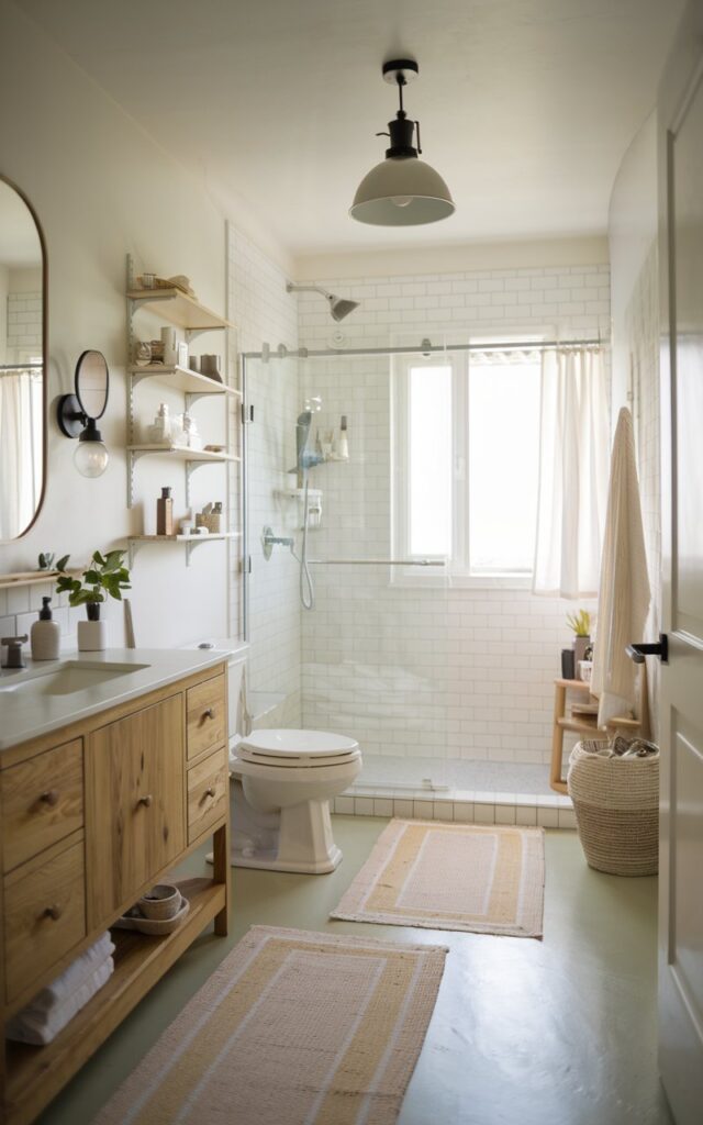 A photo of a beautiful, minimalistic bathroom with a clean, open look and a clutter-free design. The bathroom is fully furnished with a wooden vanity, a toilet, open shelves with essentials, a glass door shower area, a curtained window, a floor rug, a ceiling pendant light, etc. The natural light is soft and ambient.