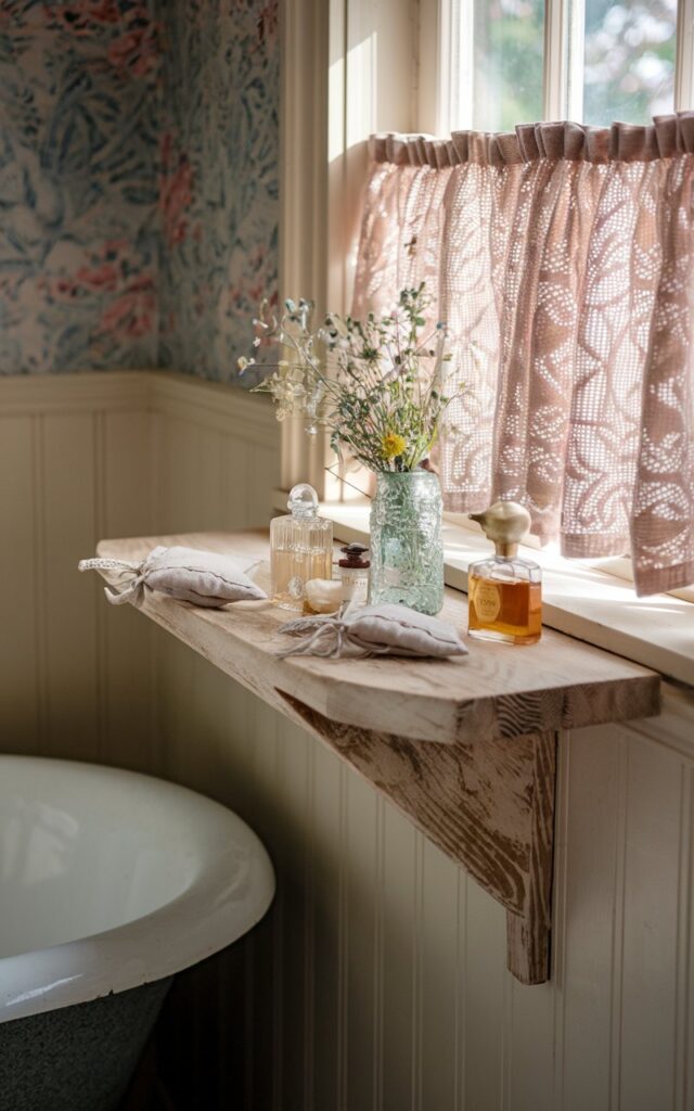 A photo of a cottagecore bathroom with a narrow wooden shelf just beneath a charming cottage-style window ledge. The shelf is made of soft, weathered pine and holds vintage glass perfume bottles, a tiny vase of wildflowers, and hand-stitched linen sachets. Sunlight filters in through ruffled lace curtains, casting a warm glow over the shelf's contents. The surrounding space includes floral wallpaper, beadboard paneling, and an old-fashioned clawfoot tub.