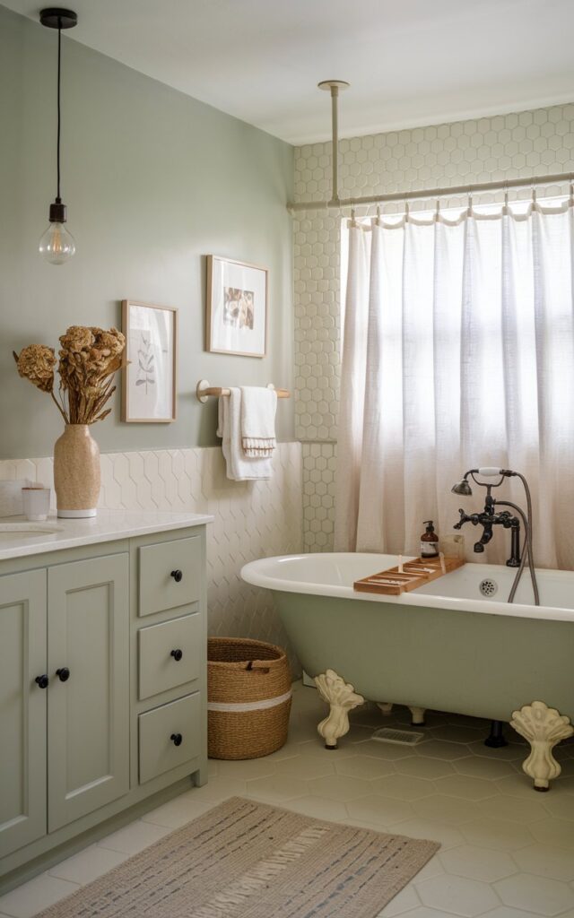 A photo of a cottagecore minimalistic bathroom with a soft, harmonious color palette of sage green and cream. The walls have hexagonal cream tiles + framed art, while sage cabinetry + black knobs adds subtle contrast. A freestanding vintage-style tub with cream claw feet sits beneath a sheer white curtain. Woven baskets, a linen shower curtain, pendant light (Warm light on) and dried flowers in a ceramic vase enhance the gentle, rustic charm. The space feels airy and uncluttered, with shaker-style details, minimal hardware, and warm wood flooring grounding the overall serene, nostalgic vibe.