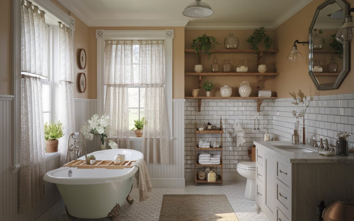 A photo of a cozy English countryside bathroom with layered ivory tones on the walls, trim, and subway tiles. The bathroom has a classic beadboard wainscoting and vintage-style fixtures A photo of a cozy English countryside bathroom with layered ivory tones on the walls, trim, and subway tiles. The bathroom has a classic beadboard wainscoting and vintage-style fixtures in brushed nickel. Natural light filters through lace curtains, illuminating ceramic accessories and a clawfoot tub draped with plush linen. Warm wooden shelves display potted herbs and antique glass jars. The bathroom has a vanity, floor rug, and ceiling pendant light.