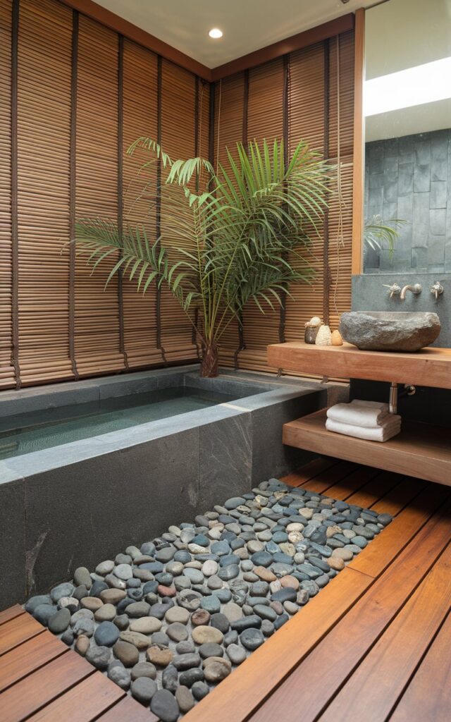 A photo of a cozy, fully furnished modern Balinese bathroom. There's a deep stone soaking tub with a natural pebble mat laid in front of it. The mat's smooth, rounded stones provide grounding texture against warm teak wood floors. The bathroom has a floating vanity with a stone basin, bamboo blinds, and a lush green palm plant. Soft ambient lighting and earthy textures complete the tranquil, spa-like atmosphere rooted in modern tropical serenity.
