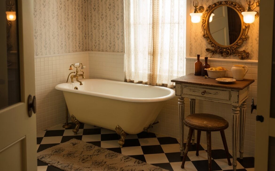 A photograph of a classic white clawfoot tub nestled within a cozy vintage bathroom. The tub’s brass fixtures gleam against a backdrop of delicate floral wallpaper, and a plush patterned rug warms the black-and-white checkerboard floor. A distressed wood vanity holds amber glass bottles and a ceramic pitcher-and-bowl set, softly illuminated by the gentle natural light filtering through lace curtains and accented by frosted glass sconces flanking an ornate gilded mirror. The scene is bathed in warm, diffused light, creating a sense of timeless charm and inviting tranquility.