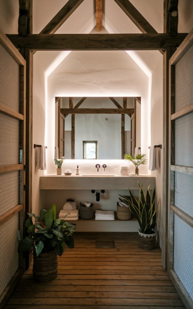 A photo of a farmhouse with a minimalistic bathroom. The bathroom features a vanity with a frameless mirror that has LED backlit. The bathroom and vanity are fully furnished. The room has wooden elements and a few potted plants. There is no natural light in the bathroom.