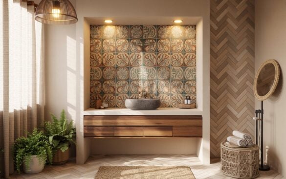 A photograph of a Balinese-inspired bathroom with a serene cottagecore aesthetic, showcasing a vibrant patterned tile backsplash behind a floating teak vanity. The backsplash features intricate floral and leaf motifs in muted terracotta, olive green, and cream tones, drawing the eye to the vanity which holds a smooth, grey stone vessel sink. Surrounding the vanity is a herringbone-patterned wood-look tile floor and a round rattan mirror, complemented by soft recessed lighting and a woven pendant lamp illuminating a small woven basket filled with rolled towels. Gentle morning light streams through a sheer linen curtain, highlighting potted ferns and a textured floor rug, creating a tranquil and inviting atmosphere.