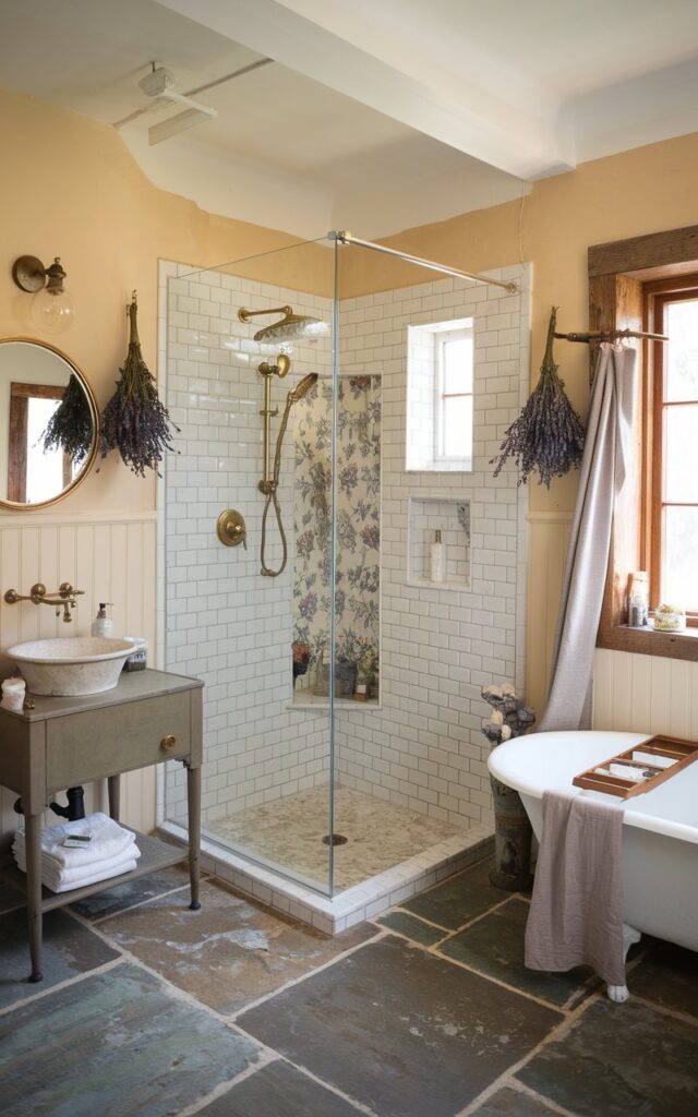 A photo of a fully-furnished English countryside bathroom with a warm, rustic charm. The focal point is a frameless glass shower angled cleverly in a corner to maximize the floor space, creating an open, airy layout. Surrounding it are vintage-style floral tiles and soft cream beadboard walls. The flooring is weathered flagstone tiles. A clawfoot tub sits nearby with a linen curtain draped beside it. Antique brass fixtures, a freestanding vanity with a porcelain basin, and a round gold mirror add character. Dried lavender bundles hang near a wood-framed window, letting in natural light. The space is cozy, practical, and charmingly old-world.