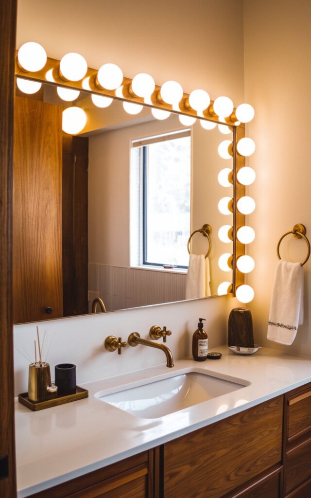 A photo of a fully furnished mid-century modern bathroom. There is a wide, low-profile mirror with integrated globe lighting along its edges. The mirror reflects warm wood tones and sleek white surfaces, complemented by brass fixtures and minimalist decor. Soft ambient light from the globes creates a cozy, vintage-inspired atmosphere, enhancing the clean lines and retro elegance of the space.