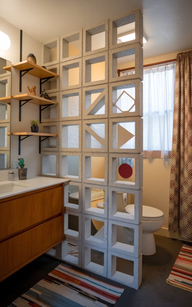 A photo of a mid-century modern bathroom with a breeze block-inspired concrete panel wall serving as a stylish partition between the dry and wet areas. The concrete panels feature geometric cutouts (diamond, triangle, circle). Surrounding elements include a warm wood vanity, open shelves, a floor rug, a curtained window, and a toilet. The space looks lively and inviting.