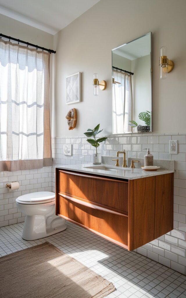 A photo of a mid-century modern bathroom with a floating teak vanity (wall mounted) with soft, rounded edges, topped with a sleek quartz marble countertop. The space has clean white walls, subtle geometric tile patterns, and soft natural light that highlights the rich textures and retro-inspired design. The bathroom includes a toilet, wall scones, a floor rug, a curtained window, and a plant.