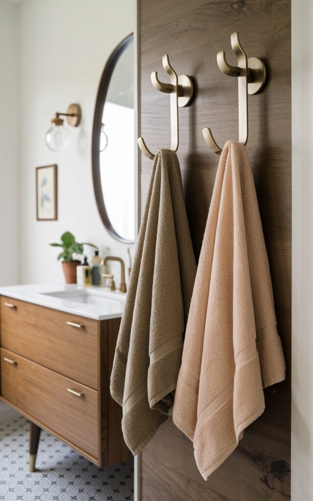 A photo of a mid-century modern bathroom with a fully furnished vanity. There are two sleek vintage-shaped peg hooks in a brushed brass finish mounted on a wooden wall near the vanity. Soft, neatly draped designer towels in earthy or muted tones—like olive, clay, or cream—hang casually on each hook, adding texture and warmth. The peg hooks offer both function and a minimalist design statement. The surrounding space features a walnut vanity, mid-century lighting, and patterned flooring. Subtle decor elements like a small framed print, potted plant, and vintage accessories complete the clean, retro-inspired look.