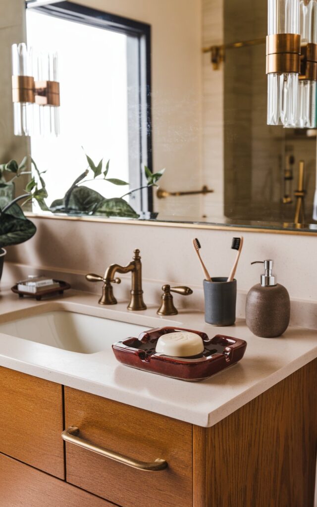A photo of a mid-century modern bathroom with a stylish oak wood vanity and a cream countertop. On the counter, there is a vintage ceramic ashtray repurposed as a unique soap dish, a ceramic toothbrush holder, a brass soap pump, and a small catch-all tray for rings or grooming tools. The ashtray has a retro shape and a glazed finish with a cream-colored soap on it. Above the counter, there is a wide mirror with vintage sconces providing soft lighting. The backdrop includes warm tones, clean lines, and a hint of greenery for a lived-in, curated feel.
