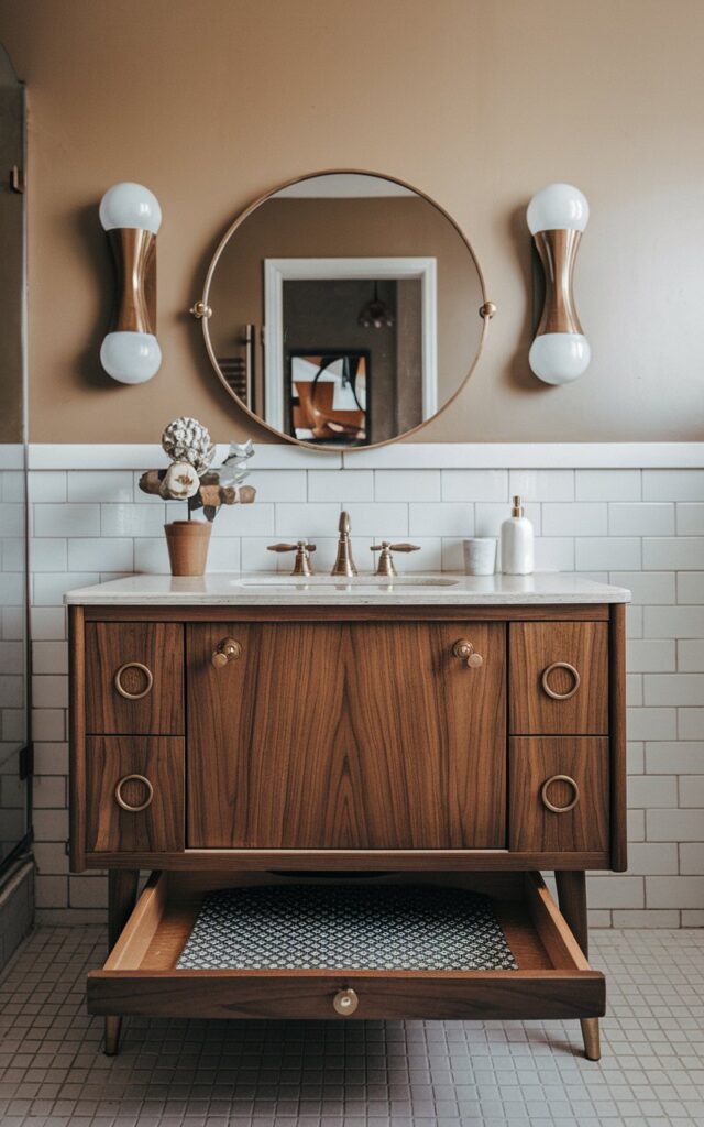 A photo of a mid-century modern vintage bathroom with a clever pull-out shelf hidden in the kickboard space of a retro-inspired walnut vanity. The vanity has tapered legs and brass hardware. The pull-out shelf, finished in the same wood, is lined with a geometric patterned mat. It contains a few bathroom accessories. Above the vanity, a round mirror and atomic-style sconces reflect the era's flair. The room has a warm tone.