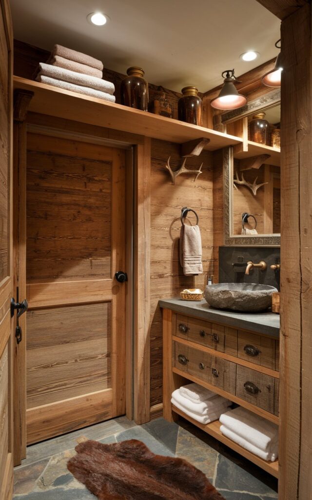 A photo of a rustic and alpine chic bathroom with a clever storage solution. There is a wooden shelf above the door, holding neatly stacked towels, amber apothecary jars, and a small woven basket. The space combines cozy mountain charm with refined rustic elegance. The walls are clad in warm wood paneling, and the vanity features reclaimed wood with a stone basin and antique brass fixtures. The floor is laid in textured slate. A faux fur rug and small antler hook add alpine character, while soft, diffused lighting keeps the atmosphere warm and inviting. The above-door shelf blends seamlessly into the architecture, offering hidden function without compromising style.