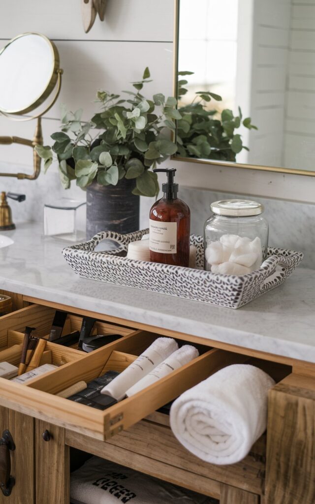 A photo of a rustic bathroom with a wooden vanity. On top of the vanity, there's a handcrafted ceramic tray with daily essentials, such as an amber soap dispenser, a glass jar of cotton pads, and a small plant. The tray is placed on a marble countertop, next to a brass-framed mirror. Inside the vanity cabinet, wooden dividers keep items like skincare products, hair tools, and extra towels organized. The combination of natural textures and thoughtful placement creates a calm, lived-in elegance that is effortlessly cozy.