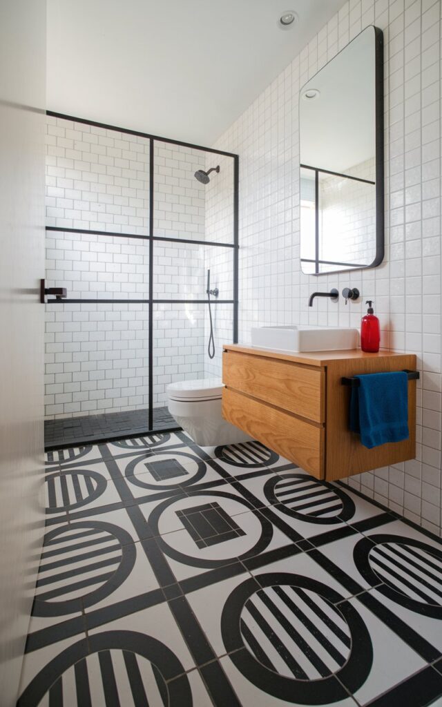 A photo of a slick modern Bauhaus-inspired bathroom with a minimalist layout and bold geometric character. The floor is tiled with striking black-and-white patterns, featuring interlocking circles that embody classic Bauhaus design principles. Clean-lined fixtures in matte black contrast with white walls and a floating vanity in warm oak. A frameless rectangular mirror and wall-mounted faucet emphasize functional simplicity. Pops of primary color, such as a red soap dispenser or a cobalt blue towel, are placed sparingly for balance. The patterned floor becomes the room's centerpiece, grounding the space in structured creativity while keeping the rest of the room open and uncluttered. Natural light is soft.