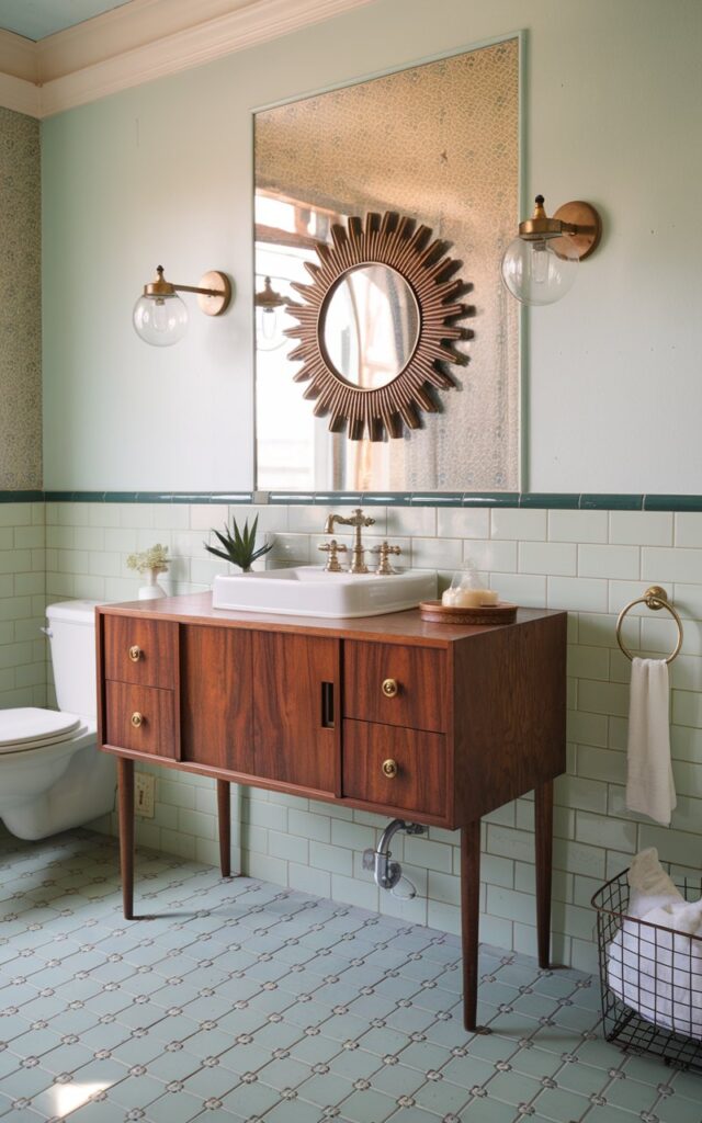 A photo of a vintage mid-century modern bathroom with a raised vanity on tapered wooden legs. The vanity has a rich walnut finish, clean lines, and brass knobs. It is topped with a white porcelain sink. A retro sunburst mirror hangs above the vanity, paired with globe wall sconces in brushed brass. The floor is tiled with mid-century patterns. The walls are painted a pale mint or soft beige, with a pop of vintage wallpaper behind the mirror. There are subtle touches like a ceramic soap dish, potted succulent, and a wire basket for towels. The room has natural light with a morning hue.