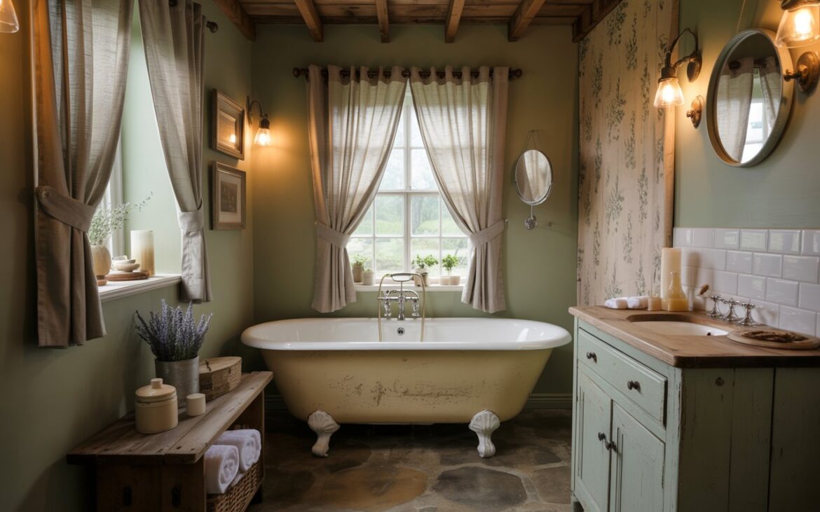 A photograph of a cozy, small bathroom exuding rustic English countryside charm. A gleaming, vintage porcelain clawfoot tub takes center stage beneath a cottage-style window draped with soft linen café curtains, and a small round mirror hangs above the tub. Walls are painted a calming sage green, complemented by reclaimed wood accents in the exposed ceiling beams and a weathered vanity topped with brass fixtures, while a reclaimed wood shelf holds neatly rolled towels, ceramic jars, and a sprig of dried lavender. Soft, diffused natural light streams through the window, illuminating the muted earth-toned stone floor and subtle floral wallpaper on a nearby wall.