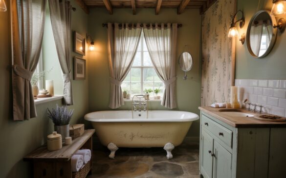 A photo of a small, furnished bathroom with a rustic and English countryside charm. A photograph of a cozy, small bathroom exuding rustic English countryside charm. A gleaming, vintage porcelain clawfoot tub takes center stage beneath a cottage-style window draped with soft linen café curtains, and a small round mirror hangs above the tub. Walls are painted a calming sage green, complemented by reclaimed wood accents in the exposed ceiling beams and a weathered vanity topped with brass fixtures, while a reclaimed wood shelf holds neatly rolled towels, ceramic jars, and a sprig of dried lavender. Soft, diffused natural light streams through the window, illuminating the muted earth-toned stone floor and subtle floral wallpaper on a nearby wall.