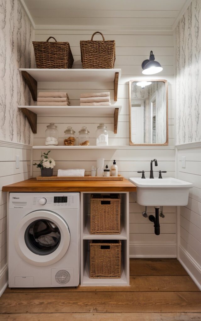 A photo of a small modern cottagecore and rustic bathroom with a practical yet charming layout. A stacked washer and dryer are neatly combined beneath a warm wood countertop. The countertop is crafted from reclaimed or distressed wood, adding rustic texture and warmth. Above, open shelving displays wicker baskets, mason jars with laundry essentials, and folded linen towels. Walls are clad in soft white shiplap with subtle vintage floral wallpaper accents. The floor is wide plank wood or natural stone tile. A farmhouse-style sink with black matte fixtures and a vintage pendant light complete this cozy, multifunctional space that blends cottage charm with rustic practicality.