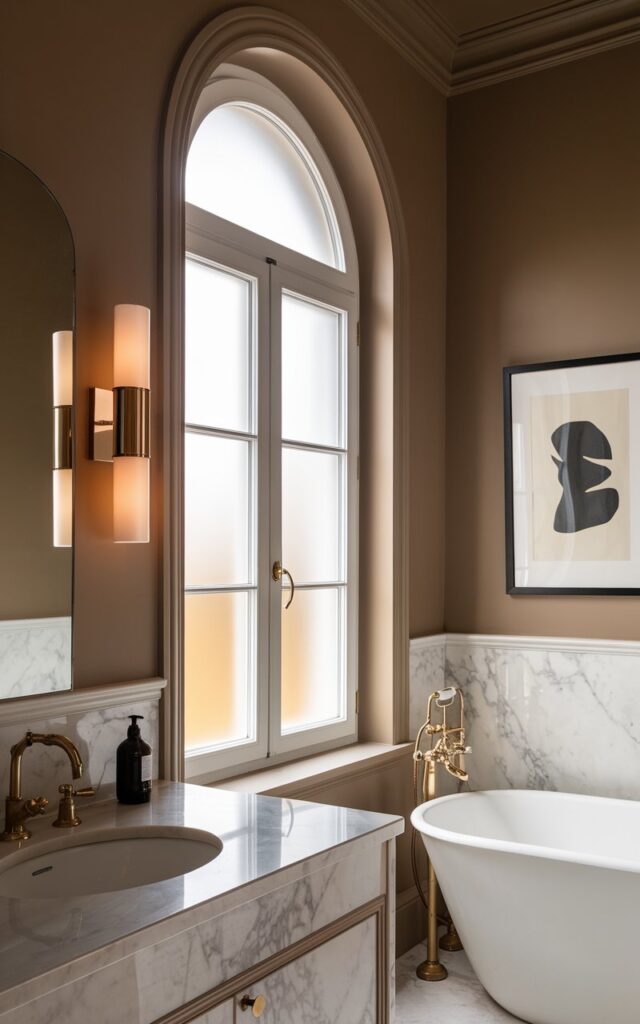 A photo of a small, refined modern European-style bathroom. The walls and window trim are painted in a warm, muted greige tone. There is a small window that lets in soft, filtered, dawn natural light. The room has a sleek marble countertop, brass fixtures, and minimalist sconces. A freestanding tub is placed nearby. A framed abstract artwork is hung on the wall, adding a touch of luxury. The overall vibe of the room is chic, understated, and polished.
