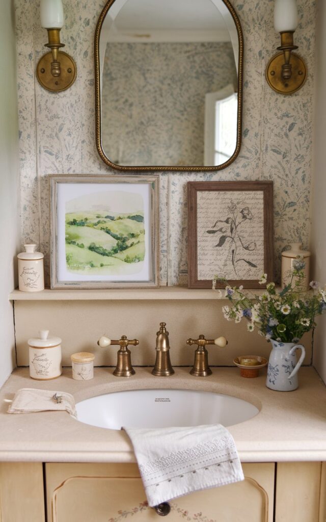 A photo of an English countryside-style bathroom vanity with a soft cream stone countertop, a stylish brass tap/hardware, and a gilded mirror on the wall with scones on either side. There is a muted floral backsplash. Leaning casually against the backsplash are two mini art prints—one a watercolor painting of rolling green hills, the other a vintage botanical sketch with delicate handwriting. Each is framed in distressed wood or brass for that old-world charm. Around the vanity, you'll spot dainty ceramic jars, a lace-trimmed hand towel, and a tiny jug of fresh wildflowers. The entire scene feels warm, gentle, and storybook-pretty—like a quiet morning in a cozy English cottage.