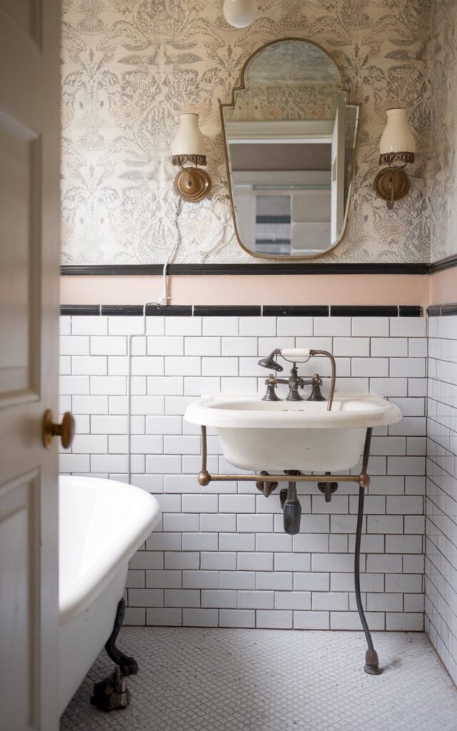 A photo of the upper half of a vintage full bathroom featuring classic white subway tiles accented with bold black grout, creating a striking graphic, high-contrast look. The tiles wrap halfway up the walls, topped with a decorative chair rail molding painted in matte black. Above the tile, soft pastel wallpaper with subtle vintage patterns adds warmth and charm. Antique brass fixtures, a vintage-style mirror with ornate detailing, and a clawfoot tub partially visible below complete the nostalgic yet visually dynamic space. Soft natural light filters in, highlighting the contrast between crisp white tiles and dark grout lines.