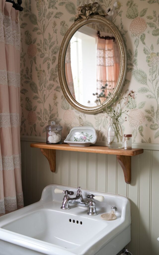 A photo of a quaint English countryside bathroom with floral wallpaper in soft sage and blush tones. Above a vintage ceramic sink with cross-handle taps, a narrow wooden ledge in warm oak is mounted beneath a gilded oval mirror. The ledge holds everyday essentials: a floral porcelain soap dish, a glass jar of cotton pads, and a small posy of wildflowers in a milk glass vase. Beadboard paneling and lace-trimmed curtains complete the look, creating a space that feels charming, functional, and delightfully lived-in. Natural light is soft, ambient.