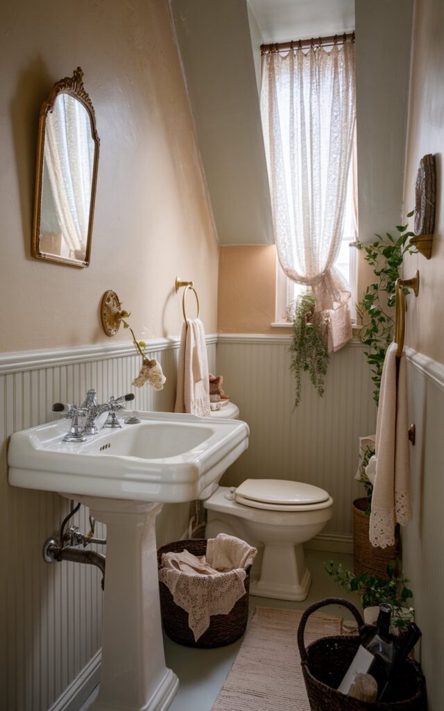 A photo of a vintage powder room with a classic white pedestal sink and elegant ceramic cross handles. The sink is placed against soft, pale-colored walls with subtle beadboard wainscoting below. Above the sink, there's a small gilded mirror with intricate detailing. The room is cozy but sophisticated, with antique brass towel rings and a delicate lace curtain softly filtering light from a narrow window. The space also has a toilet, woven baskets with essentials, a few plants, and a floor rug.